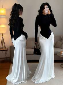 Rafferiza 女式拼色纹理立领短款腰部鱼尾下摆长袖连衣裙 - 黑與白 - 查看 3