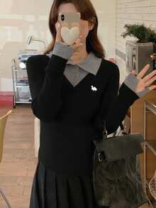 DAZY Patchwork Contrast Color 2 In 1 Embroidered Pattern Long Sleeve Women Sweater - Black - View 3