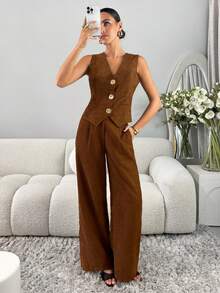 SHEIN Clasi 2 pezzi/set Completo elegante da donna in velluto a coste con top a scollo a V e pantaloni, adatto per l'ufficio, colore marrone. Set da 2 pezzi con tuta senza maniche in velluto a coste, tuta invernale da donna - Castano - Visualizzare 7