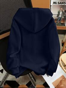 Manfinity Dauomo 男士极简印花连帽卫衣，长袖上衣 - 藏蓝色 - 查看 2