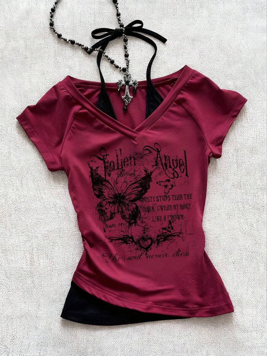 Attitoon 女士休闲复古朋克 V 领露背褶饰插肩袖撞色短袖 T 恤，带有蝴蝶、心形花卉和英文字母印花，适合夏秋季穿着舒适 - 彩色 - 查看 1