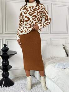 SHEIN LUNE Set de 2 suéteres elegantes de punto ajustados con estampado de leopardo - Naranja Quemada - Ver 3