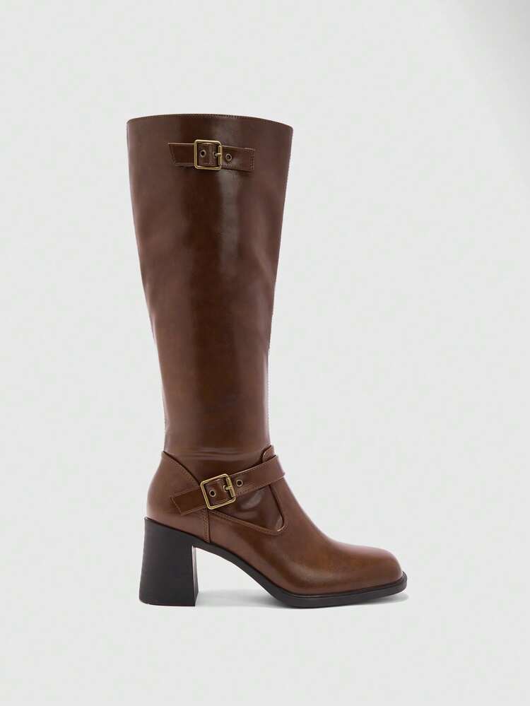 CUCCOO BIZCHIC Women's Fashion Over-The-Knee Boots, Square Toe Chunky Heel Design, Solid Chocolate Color, Side Zipper With Multi-Strap Design, Versatile With Skirts, Jeans, Coats, Suitable For Autumn/Winter, Fashion Shows, Commuting, Stylish Women's Tall Boots