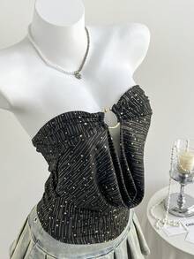Comfortcana Top corto sin tirantes con estampado de estrellas metálicas estilo Y2K para mujer - Negro y oro - Ver 1