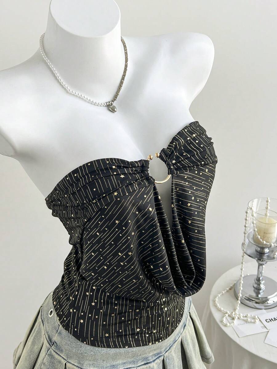 Comfortcana Top corto sin tirantes con estampado de estrellas metálicas estilo Y2K para mujer - Negro y oro - Ver 1