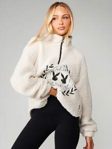 Missguided x Playboy Sherpa Funnel Neck Zip Sweatshirt With Logo Print For Cold Weather - White - View 3