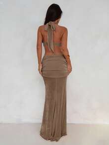 Aloruh Women's Spring/Summer Vacation Wrap Asymmetric Flowy Maxi Mermaid Bodycon Dress,For Vacation,Party,Dating - Khaki - View 4