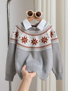 SHEIN Grey Knit Cute Young Boys Pullover Sweater Featuring Geometric Pattern And Collar Detail For Comfortable Wear - Grey - View 6