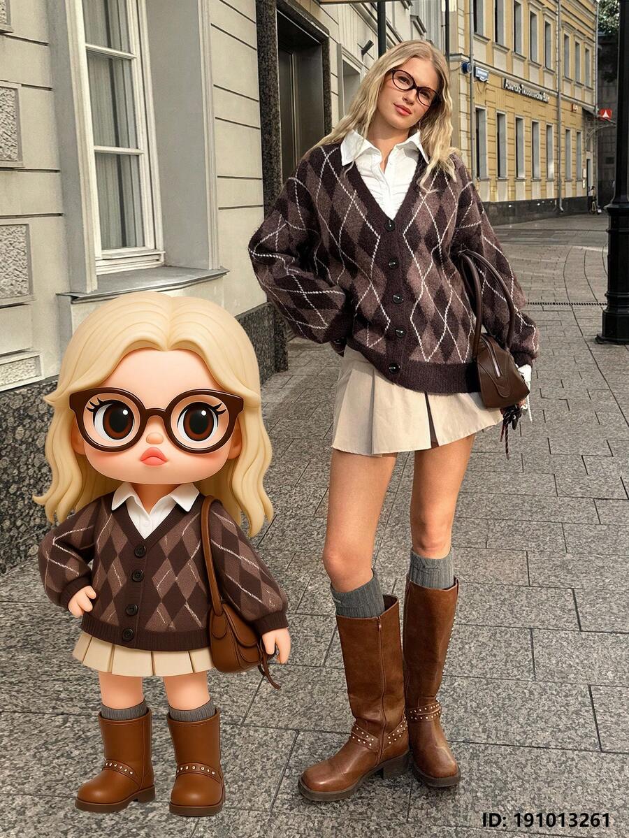 MainGRL 女式落肩长袖费尔岛提花针织开衫，秋冬 - 咖啡棕 - 查看 1