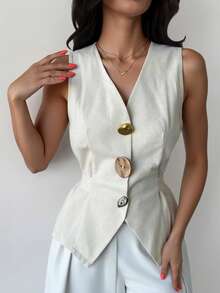 Firerie Women's Elegant Beige Summer Brunch Minimalist Linen Cotton Metal Button V-Neck Sleeveless Vest Shirt,Urban Chic Back-To-School Teacher Casual Tops - Apricot - View 3