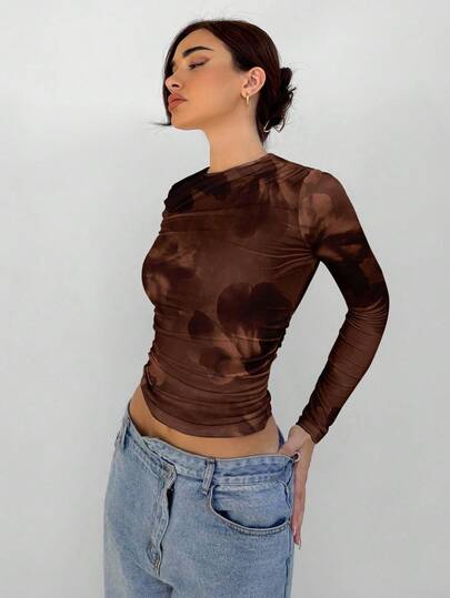 Aloruh 女式优雅花卉印花圆领长袖百搭秋冬打底T恤