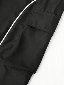 2 件套青少年女孩字母图案运动衫上衣和大口袋直筒工装裤，休闲街头风格服装，秋季 - 黑與白 - 查看 7