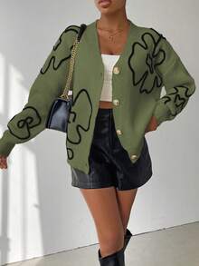 Chiquease Women's Floral Textured Drop Shoulder Long Sleeve Single-Breasted Casual Knit Cardigan, Autumn/Winter - Green - View 4