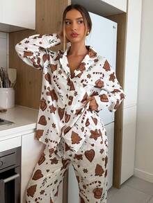 Aloruh Christmas Pajamas Women's Autumn/Winter New Gingerbread Print Long Sleeve Shirt & Pants 2 Pieces Pajama Set, Suitable For Home, Family Gathering, Christmas Shirt And Pants Set Christmas Pajamas Gingerbread Print Pajamas Women Pajama Set Cozy Fall And Winter Clothes For Women Winter Clothes Winter Clothes For Women Women's Winter Clothes Women Pajama Sets For Women Two Pieces Set For Women - Multicolor - View 5