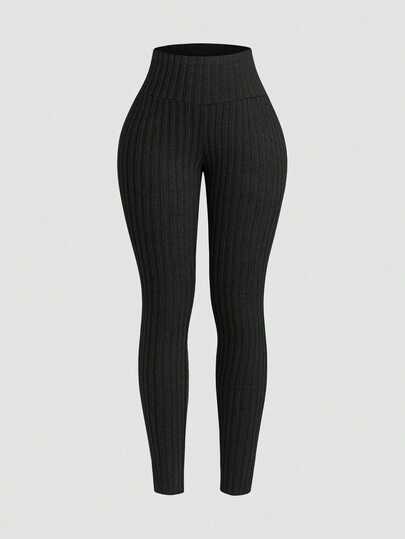 Airaco 女式纯色松紧腰罗纹休闲紧身裤