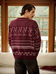 RivetRise Men's Casual Geometric Pattern Sweater, Autumn/Winter, Christmas Snowflake Red Knit Sweater, Long Sleeve Top - Multicolor - View 2