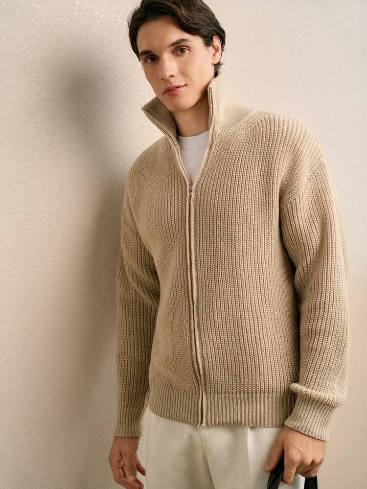 RONVEXI Men Solid Zip Up Drop Shoulder Cardigan Chunky Plain Khaki Urban Fashion Plain Drop Shoulder Cardigan, For Husband, Boyfriend Gifts, Fall/Winter - Apricot - View 6