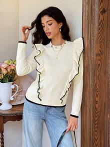 SHEIN Frenchy Women's Simple Contrast Color Trim Collar Ruffle Hem Sweater Winter Casual - Multicolor - View 6