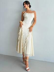 Firerie 女士纯色细肩带荷叶边下摆修身连衣裙，优雅时尚 - 杏色 - 查看 3