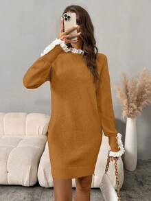 SHEIN LUNE 女式休闲刺绣立领长袖针织连衣裙，秋冬 - 黃色 - 查看 3