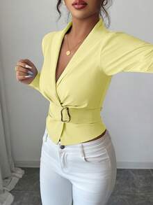 Selianne Women's Fluorescent Green Shawl Collar Long Sleeve Waist Metal Design Fitted Fashion Blouse - Pale Yellow - View 3