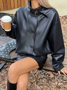 DAZY Chaqueta casual de mujer de manga larga regular con doble botonadura de unicolor en piel sintética (PU) - Negro - Ver 5