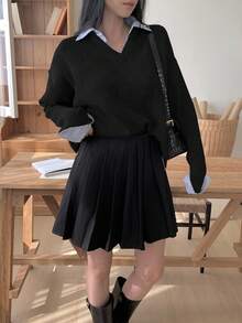 DAZY V领二合一衬衫领套头衫，宽松复古休闲风，灰色，秋冬 - 黑色 - 查看 4