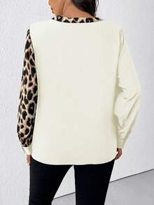 Plus Size Women Leopard Print Patchwork V-Neck Long Sleeve Fashion Shirt - Apricot - View 2
