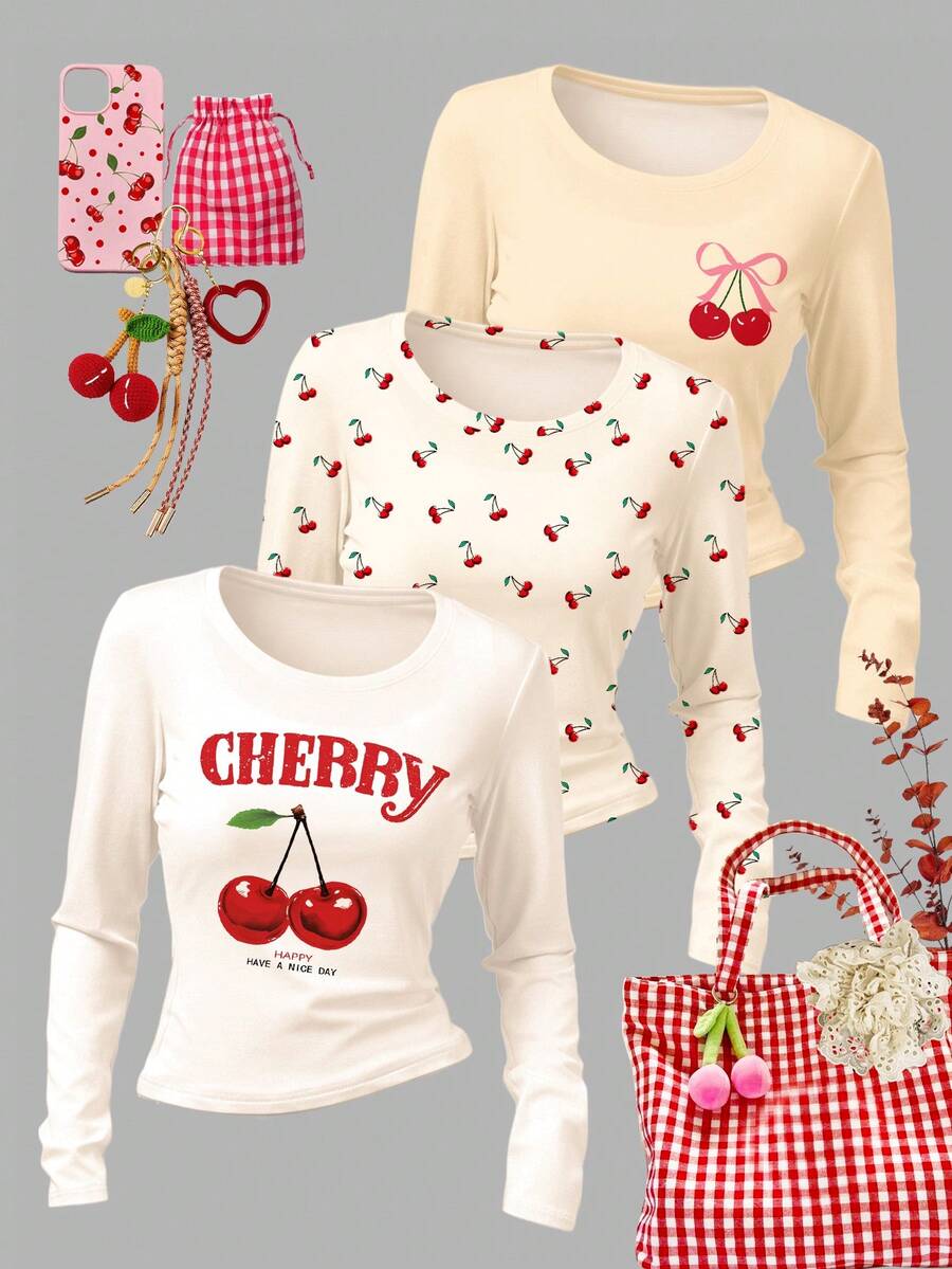 SHEIN Leap Crew 3 件复古迷你樱桃海滩图案 T 恤，多巴胺配色方案，奶油黄，奶油白，复古甜美，少女休闲修身高腰短款长袖 T 恤套装，适合秋冬季、所有季节、返校、音乐节、户外、休闲、街头风格、家居、校园 - 彩色 - 查看 1