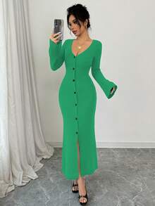 Elenzga Women's Front Button Flare Sleeve Fitted Knit Dress - Green - View 5