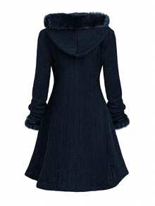 SHEIN LUNE 女式休闲长袖连帽毛衣外套，带牛角扣和绞花针织纹理，秋冬 - 寶藍色 - 查看 2