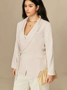 Juhart 大码女式优雅简约杏色系带长袖西装外套 - 杏色 - 查看 5