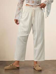 SHEIN VCAY Quần ống rộng dáng suông, màu trơn, thắt eo xếp ly, kiểu dáng thường ngày dành cho nữ cỡ lớn. - Màu be - Xem 4