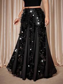 Cravure 大码女士优雅亮片美人鱼裙 – 奢华拼接黑色，新年完美之选 - 黑色 - 查看 3