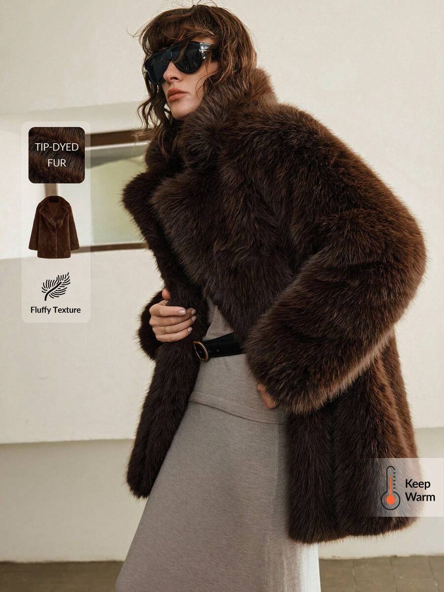Ontre Áo khoác lông giả nữ mới mùa Xuân/Hè 2026, màu cà phê đậm, nâu, cổ cao, tay dài, thích hợp cho ngày Valentine, tiệc tùng, phong cách tối giản thanh lịch, sang trọng, đa năng. Áo khoác lông giả nữ mùa Xuân/Hè màu trơn tay dài cổ loang dáng rộng thời trang, chất liệu giả lông cáo.