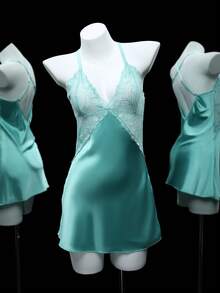 SHEIN 2pcs Lace Patchwork Criss-Cross Faux Silk Sexy Nightgown + Set For Women - Mint Green - View 6