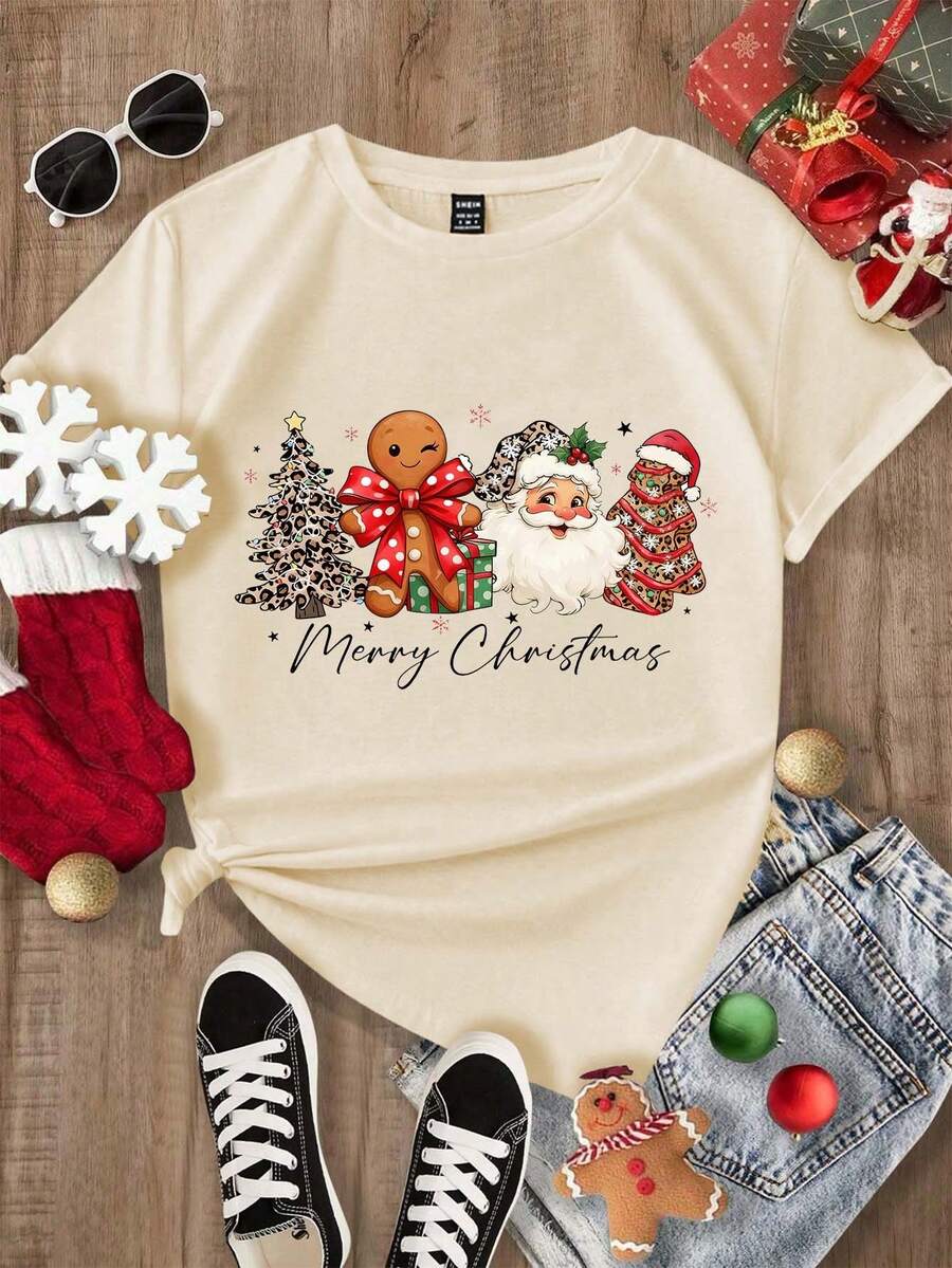 SHEIN LUNE Women's Christmas Element Pattern Round Neck T-Shirt - Apricot - View 1