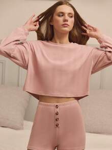 Cosy Pink Rib Loungewear Set With Long Sleeve Top And Button Front Shorts Warm Spring Summer - Pink - View 7