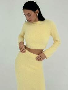 Aloruh Light Yellow Ribbed Tight Crew Neck Long Sleeve Sweater + Tight Long Knit Dress, Stylish Outfit For Young Women - Light Yellow - View 1