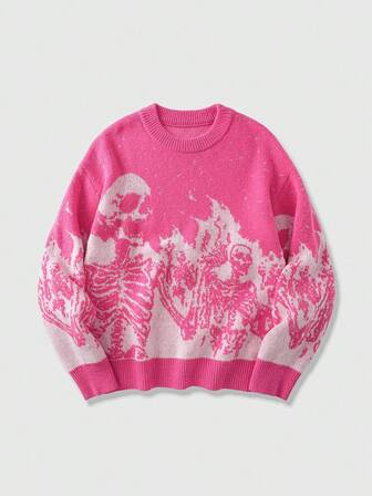 Street Life Herren Pullover mit Totenkopf-Jacquard-Muster, Rundhalsausschnitt, Langarm, Streetwear, Herbst/Winter