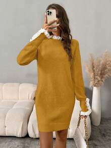 SHEIN LUNE Gaun Rajut Lengan Raglan Kerah Renda Kasual Wanita, Musim Gugur/Dingin - Kuning - View 5
