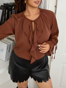 Lounesse Bluzka damska w dużym rozmiarze z dekoltem w serek i falbanką, z długim rękawem, na co dzień - Brązowy - Zobacz 4