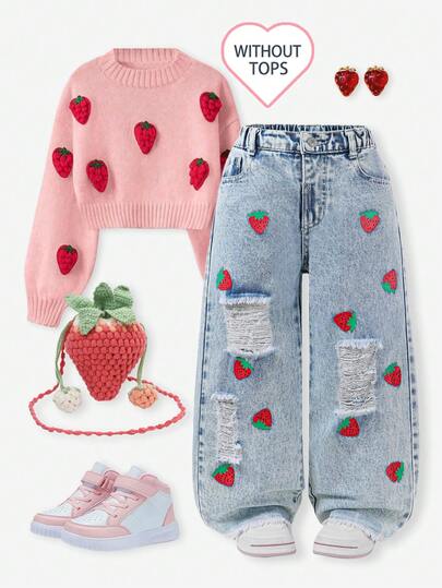 Light Wash Blue Strawberry Print Pocket Distressed Wide Leg Jeans For Young Girls, Suitable For Daily Wear, Campus Casual, Back To School Season, Travel And Vacation