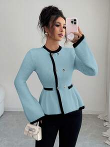 Elenzga Women's Elegant Round Neck Front Button Design Contrast Color Sweater - Blue - View 5