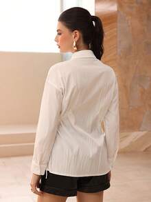 Modelyn 1pc Women's Solid Color Cinched Waist Long Sleeve Elegant Fashion Blouse - White - View 5