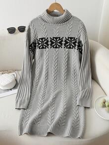 Sparklyn Teen Girls' Twist Rope Snowflake Print Turtleneck Long Sleeve Grey Knit Dress, European & American Style, Christmas 2025 New Loose Fit Snowflake Jacquard Knitted Dress For Young Women, Suitable For Christmas & Halloween - Grey - View 1