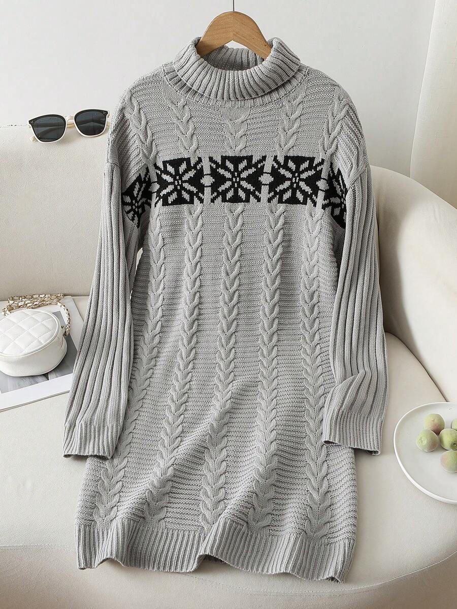 Sparklyn Teen Girls' Twist Rope Snowflake Print Turtleneck Long Sleeve Grey Knit Dress, European & American Style, Christmas 2025 New Loose Fit Snowflake Jacquard Knitted Dress For Young Women, Suitable For Christmas & Halloween - Grey - View 1