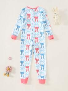 Young Girl' Minimalist Elegant Bow Print Long Sleeve Jumpsuit, Bodysuit Home Outfit Unisex Long Pajama Sets Kids Bow Pajamas Kids Collar Neck Pajama Sets Kids Long Pajama Sets Cotton,Snug Fit - Multicolor - View 2