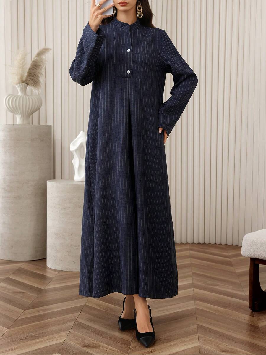 Al Najma Women's Striped Long Sleeve Casual Everyday Arabic Style Dress, Autumn - Blue - View 1
