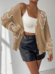 SHEIN Unity Cardigan Rajut Kasual Wanita Lengan Panjang Bertekstur Bunga dengan Bahu Jatuh dan Kancing Tunggal, Musim Gugur/Dingin - Khaki - View 3
